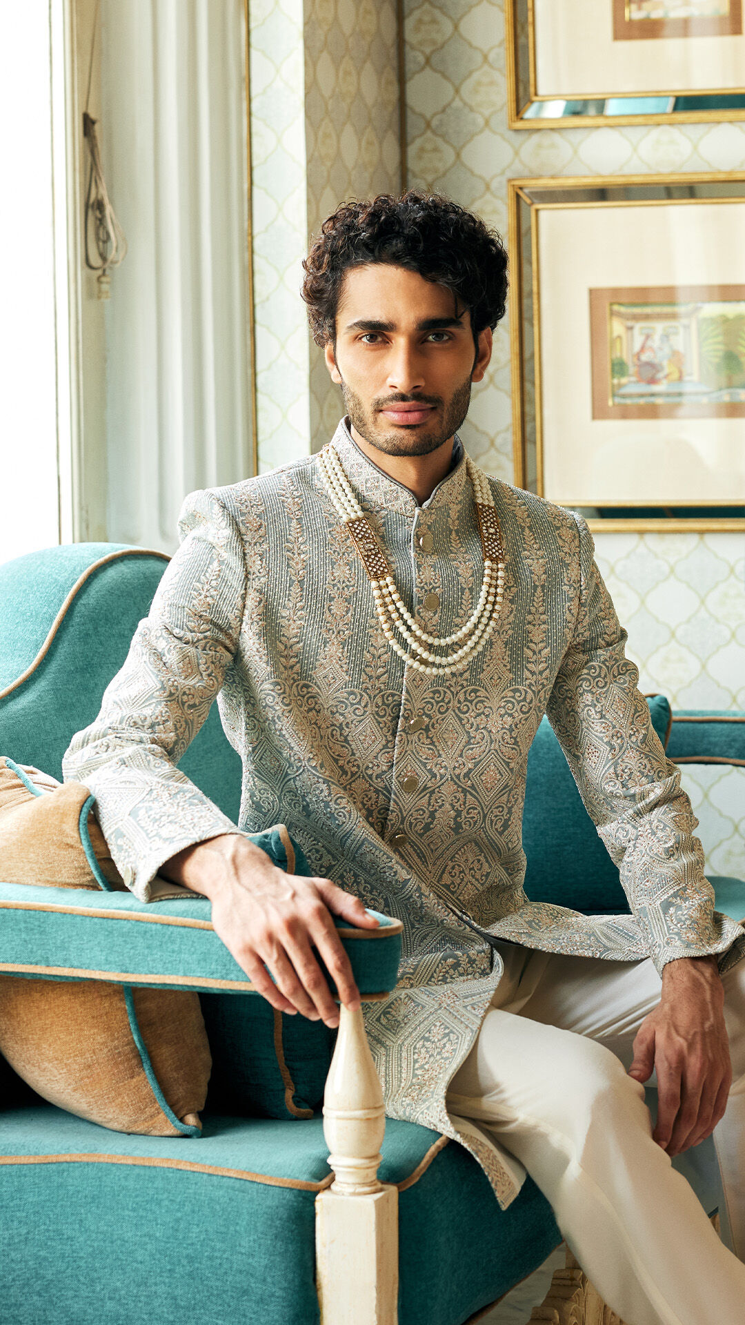 Wine Sequined Sherwani Set